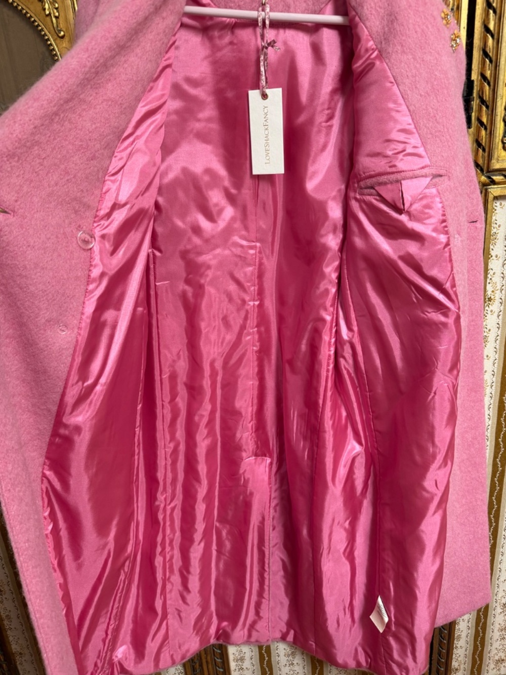 NWT LoveShackFancy Floret Wool Double Breasted Long Trench Coat Pink XS Bow - Picture 14 of 16